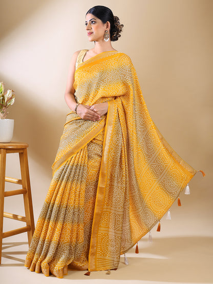 Yellow Georgette Bandhani Print Saree