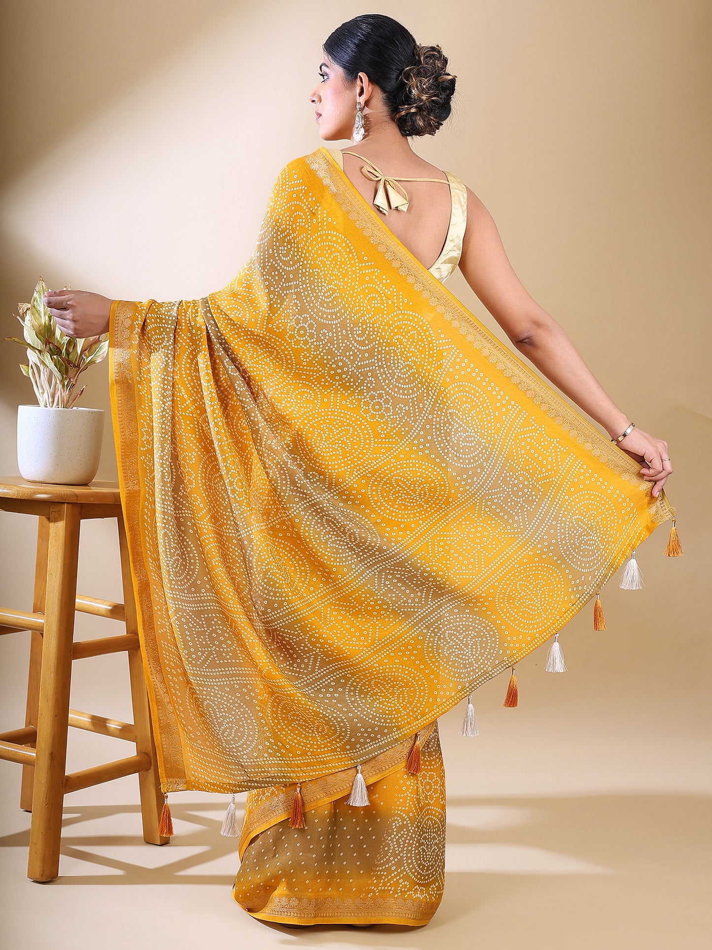 Yellow Georgette Bandhani Print Saree