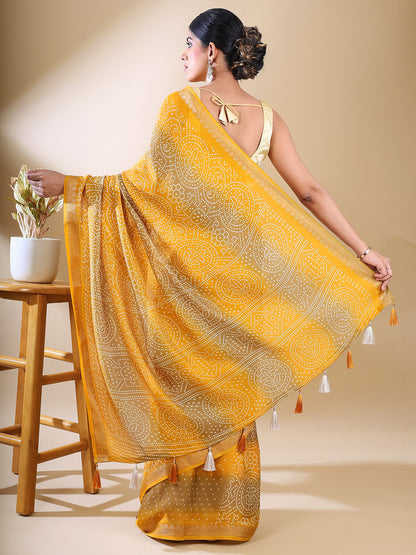 Yellow Georgette Bandhani Print Saree
