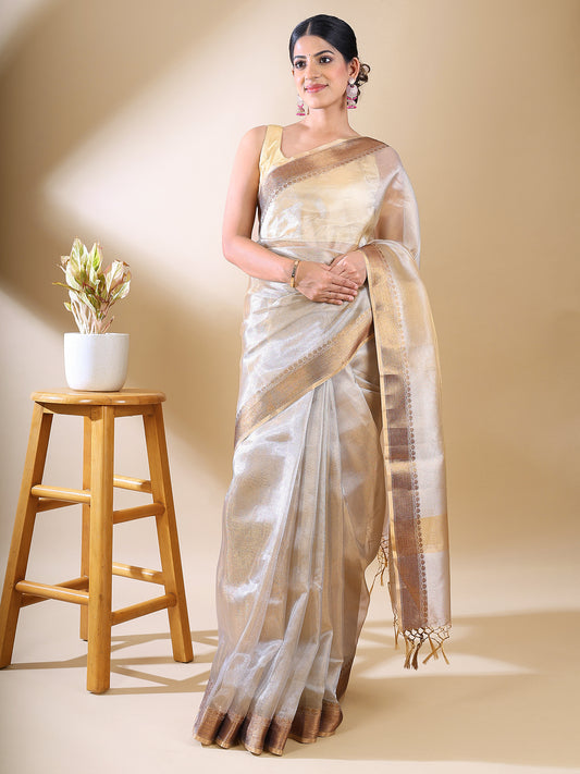 Off-White Tissue Zari Woven Saree