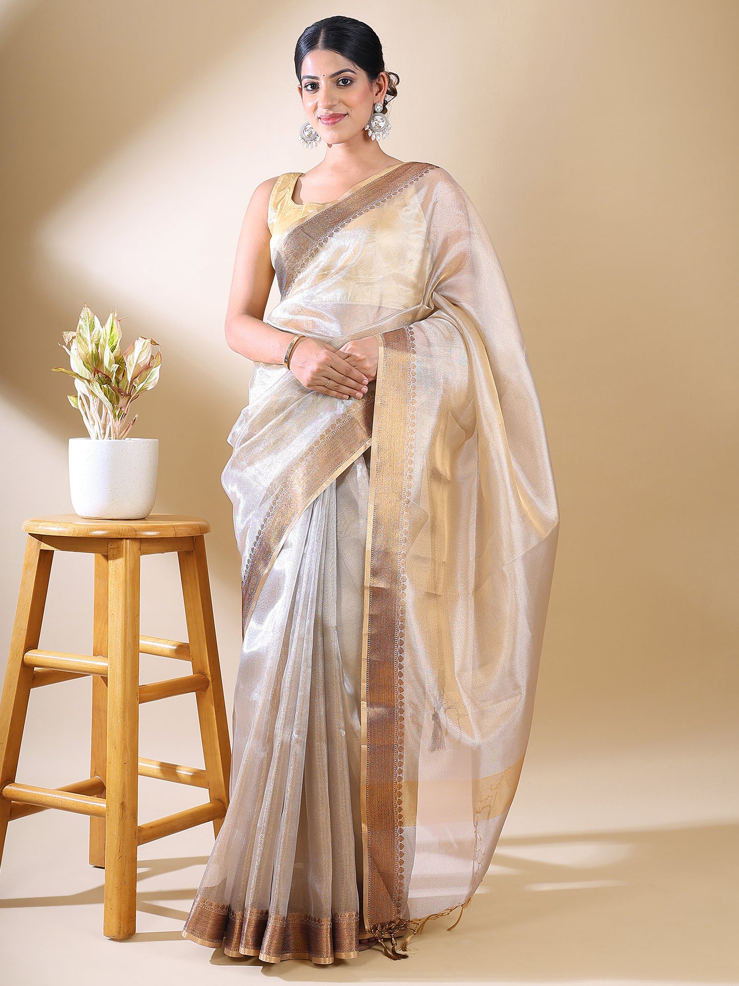 Off-White Tissue Zari Woven Saree