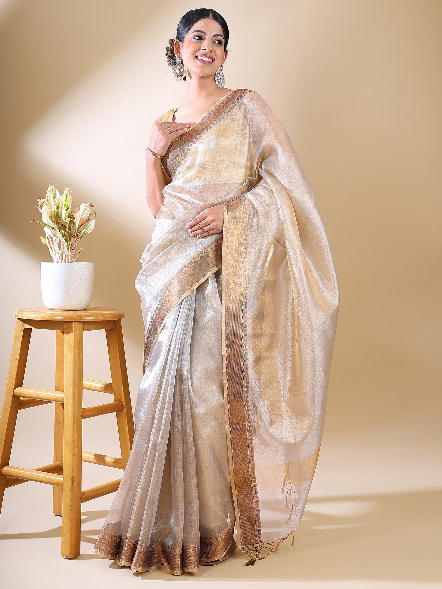 Off-White Tissue Zari Woven Saree