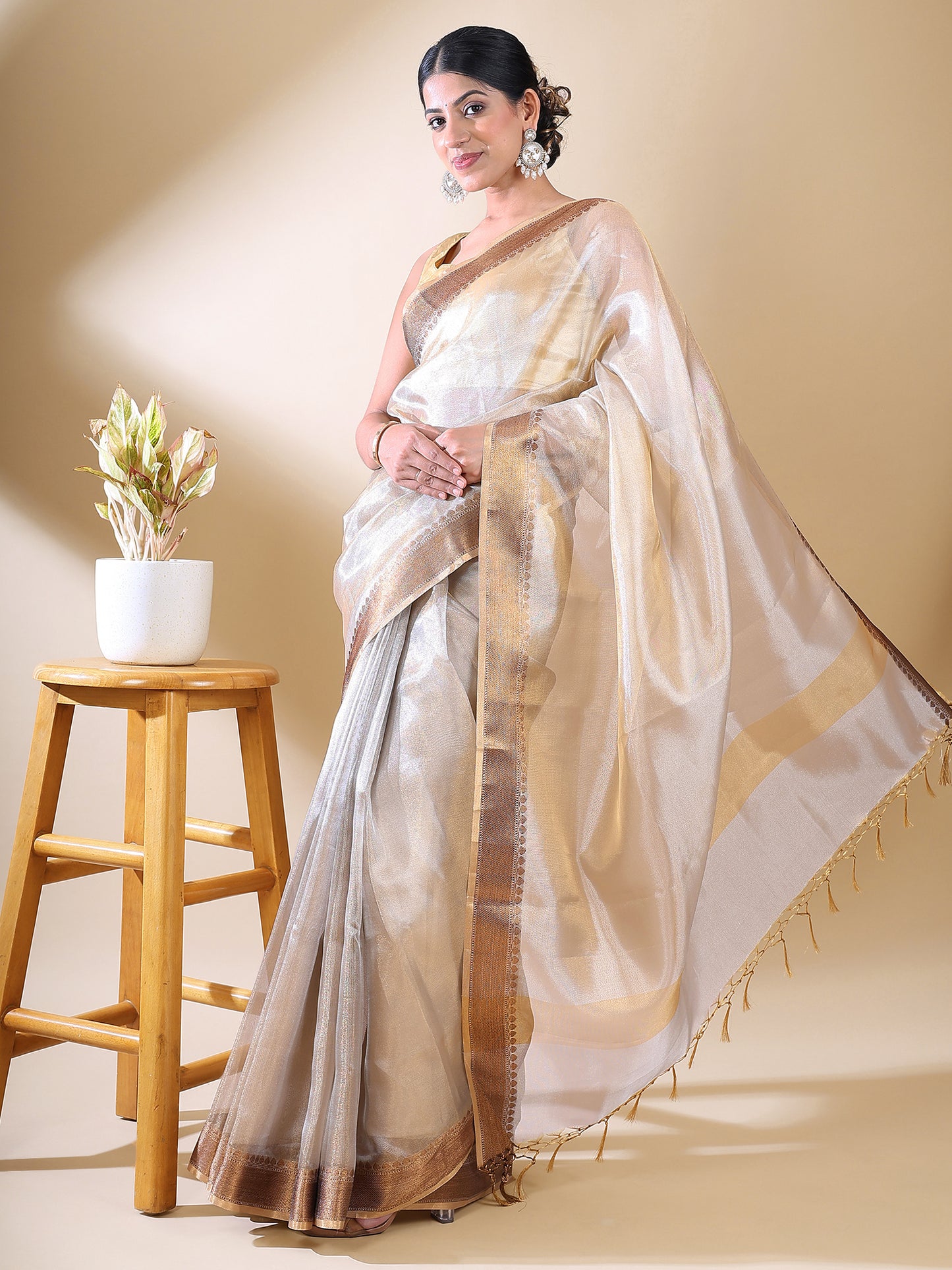 Off-White Tissue Zari Woven Saree