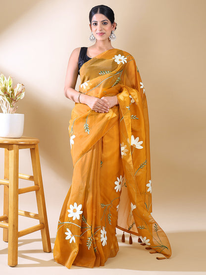 Yellow Hand-Painted Organza Saree