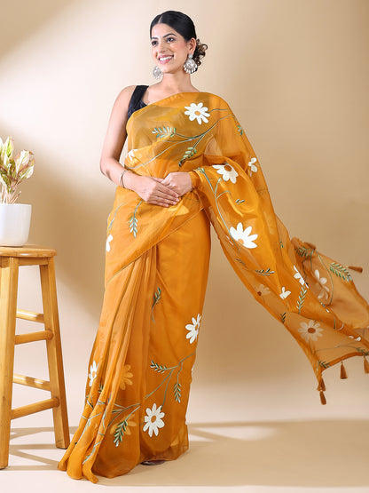Yellow Hand-Painted Organza Saree