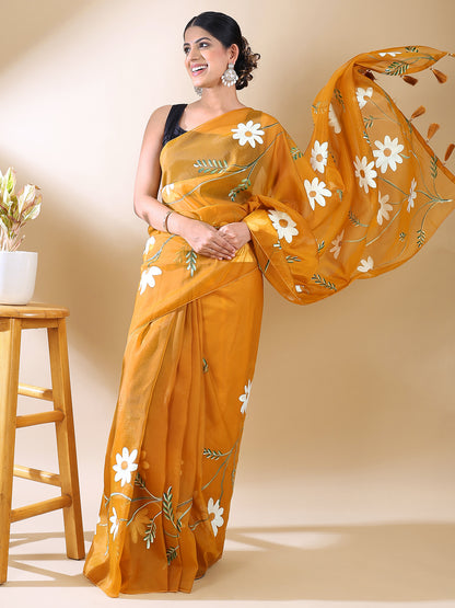 Yellow Hand-Painted Organza Saree