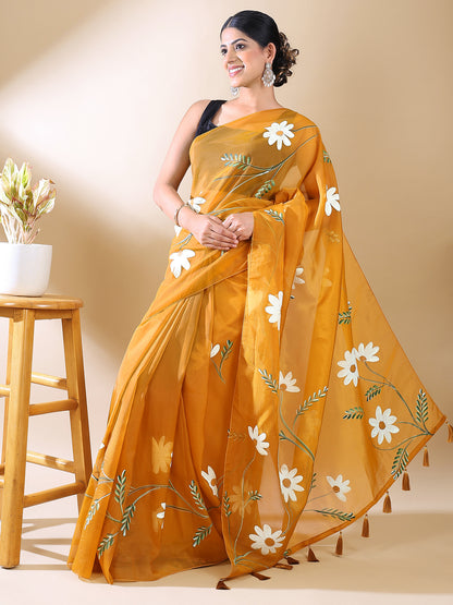 Yellow Hand-Painted Organza Saree