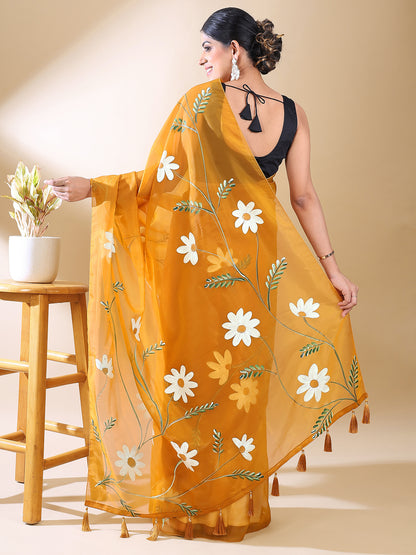 Yellow Hand-Painted Organza Saree