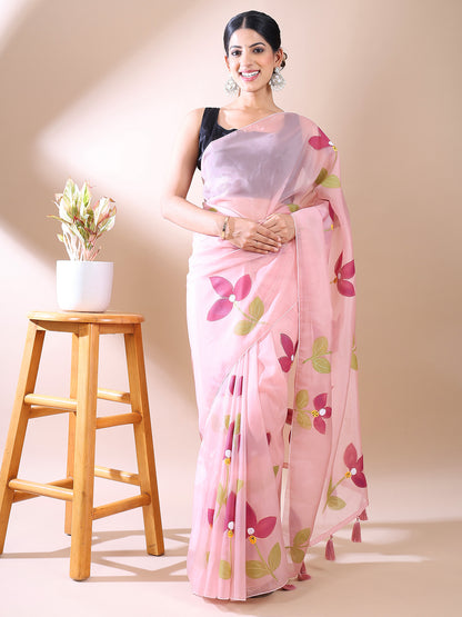 Pink Organza Hand-Painted Saree