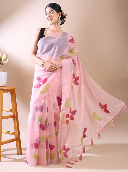 Pink Organza Hand-Painted Saree