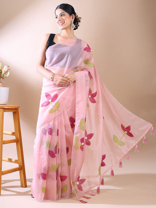 Pink Organza Hand-Painted Saree