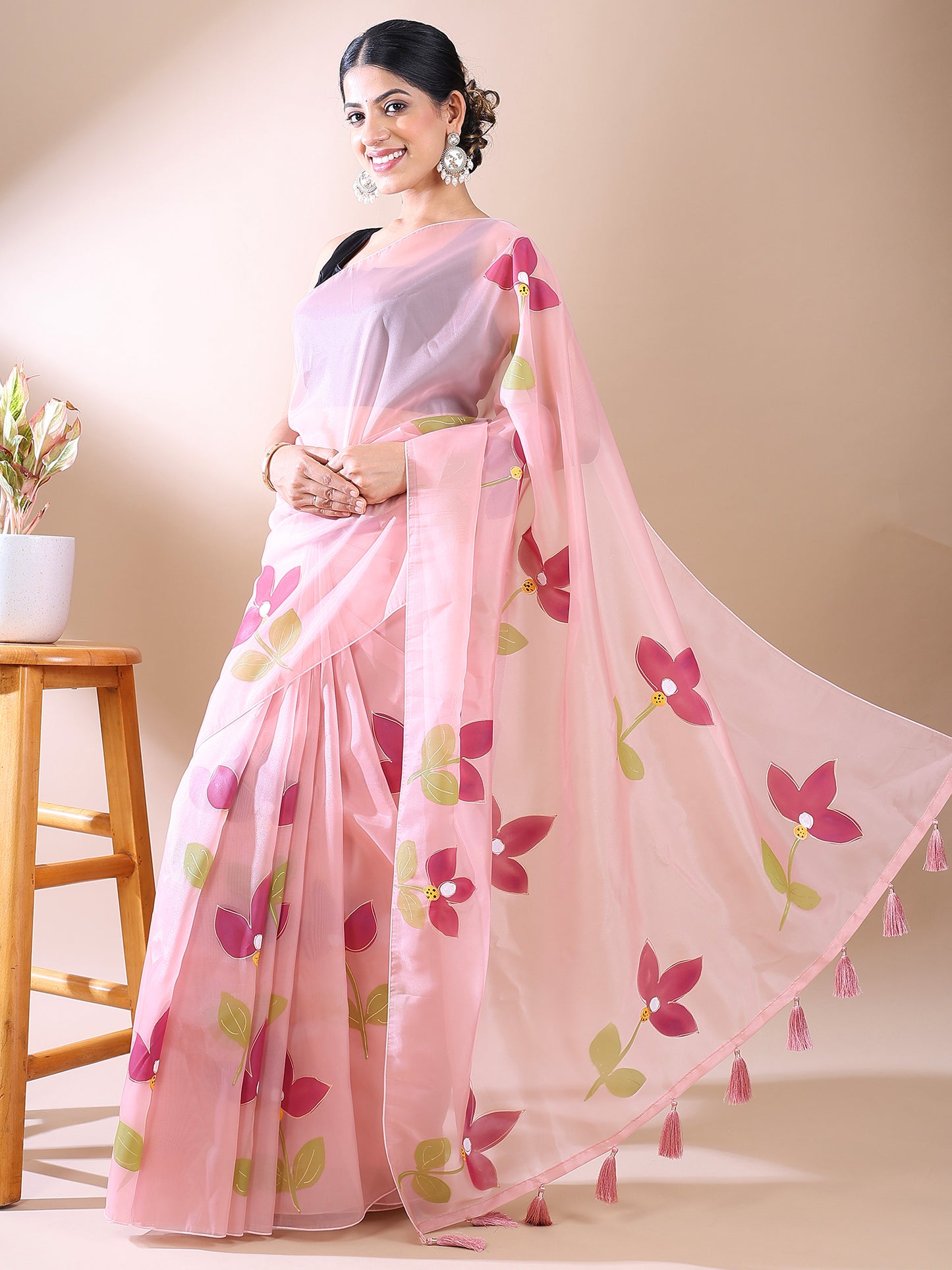 Pink Organza Hand-Painted Saree
