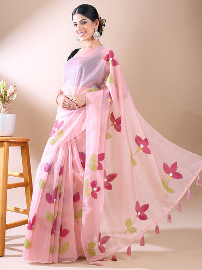 Pink Organza Hand-Painted Saree