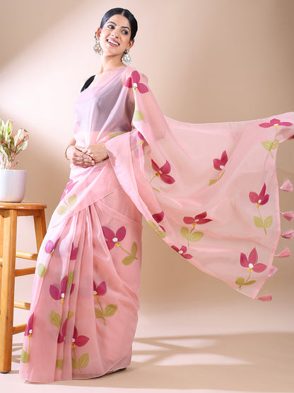 Pink Organza Hand-Painted Saree