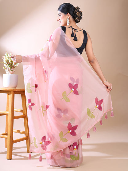Pink Organza Hand-Painted Saree