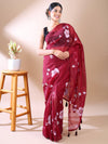Wine Hand-Painted Organza Saree