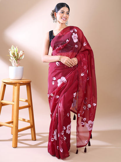 Wine Hand-Painted Organza Saree