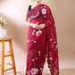Wine Hand-Painted Organza Saree