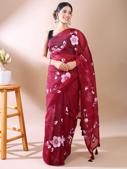 Wine Hand-Painted Organza Saree