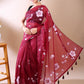 Wine Hand-Painted Organza Saree