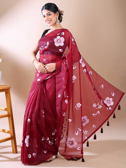 Wine Hand-Painted Organza Saree
