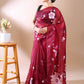Wine Hand-Painted Organza Saree