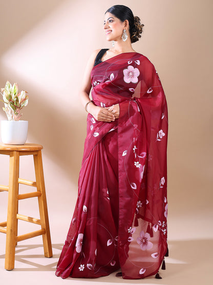 Wine Hand-Painted Organza Saree