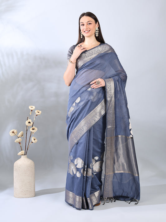 Blue Grey Banarasi Chanderi Zari Saree