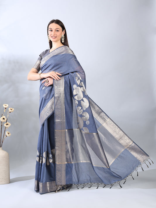 Blue Grey Banarasi Chanderi Zari Saree