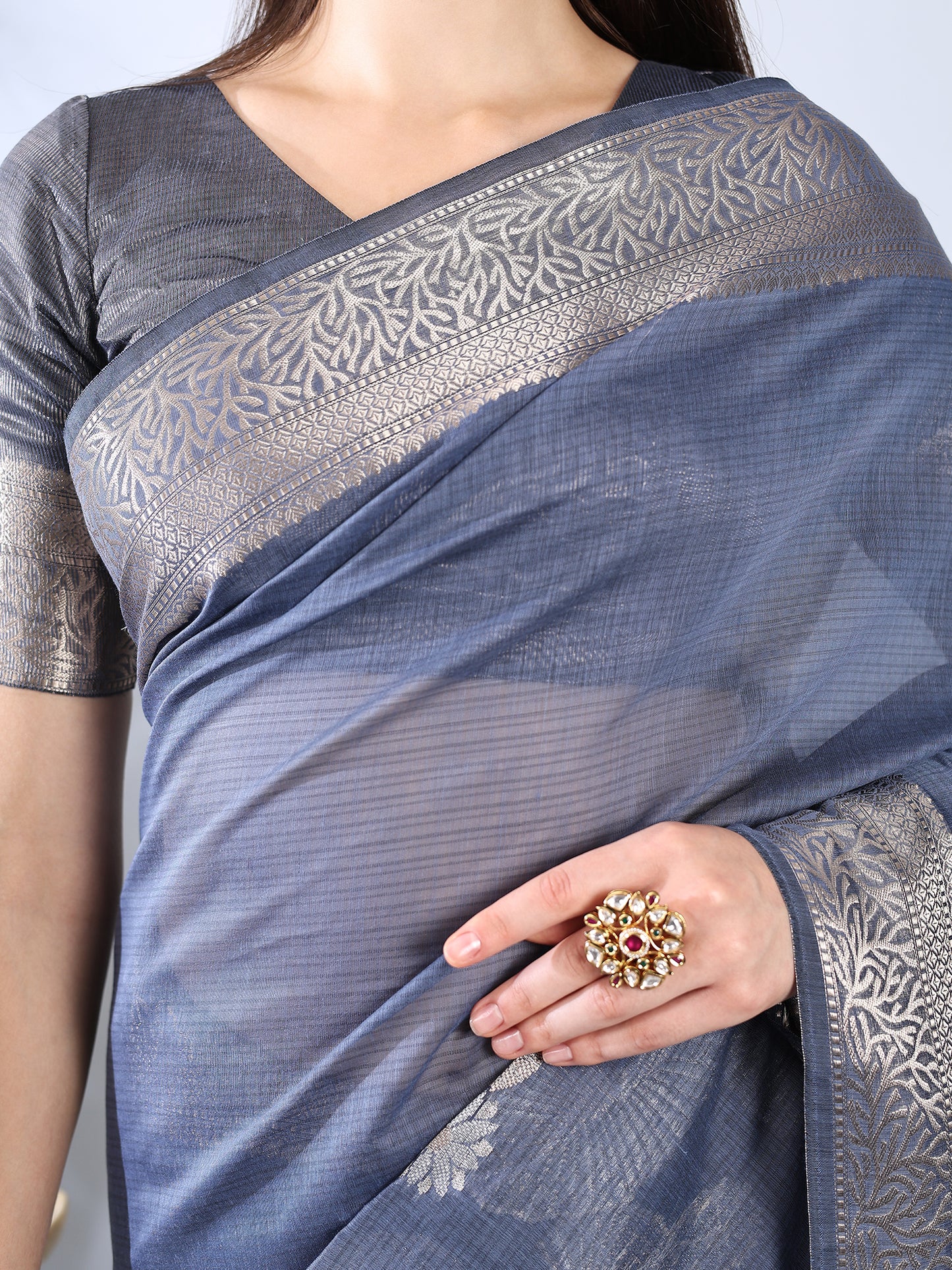 Blue Grey Banarasi Chanderi Zari Saree