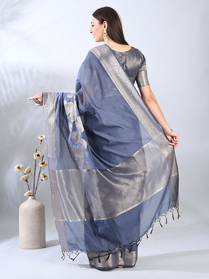 Blue Grey Banarasi Chanderi Zari Saree