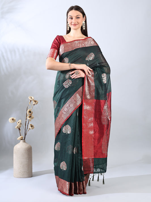 Bottle Green Banarasi Zari Woven Saree