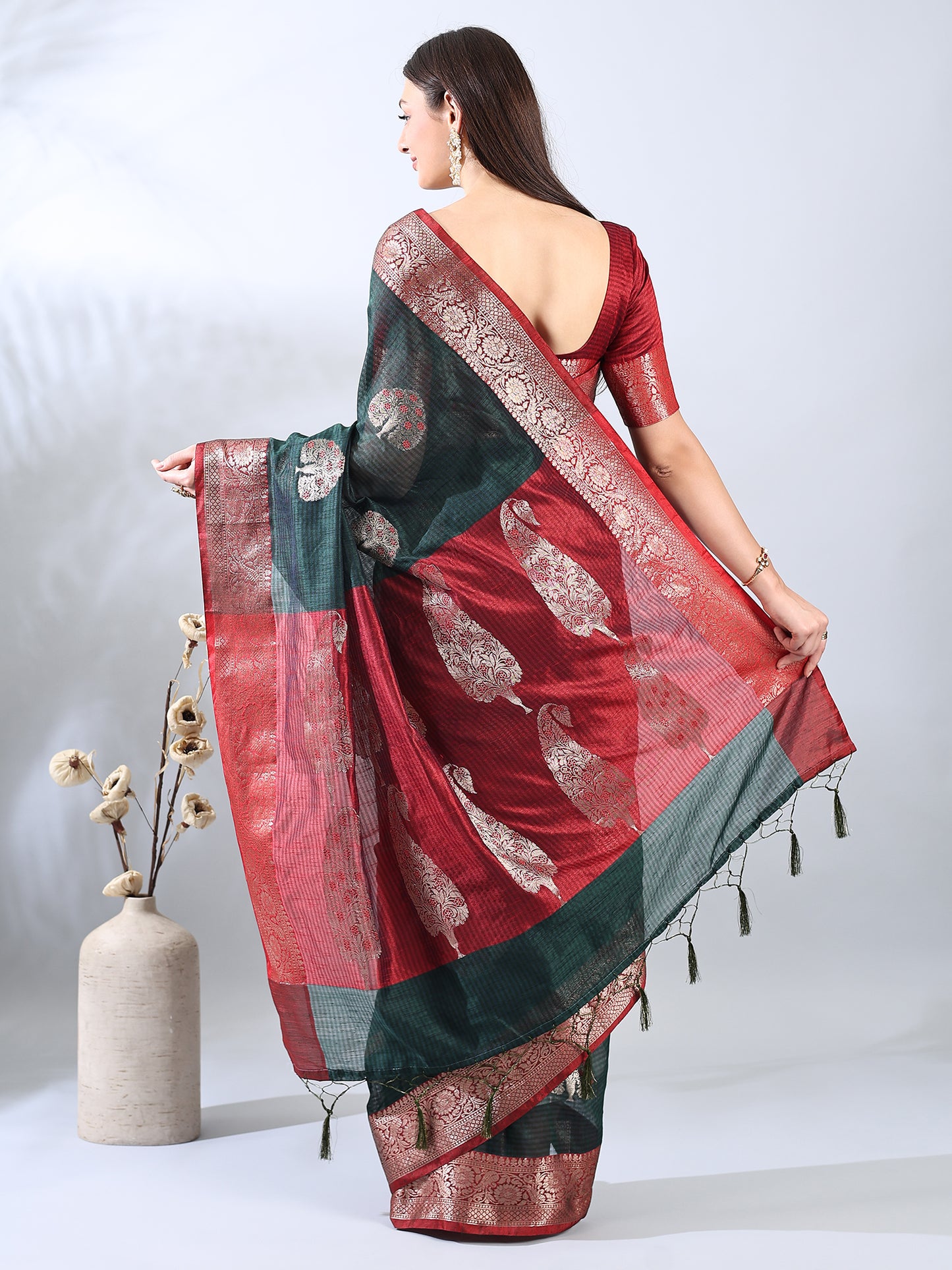 Bottle Green Banarasi Zari Woven Saree