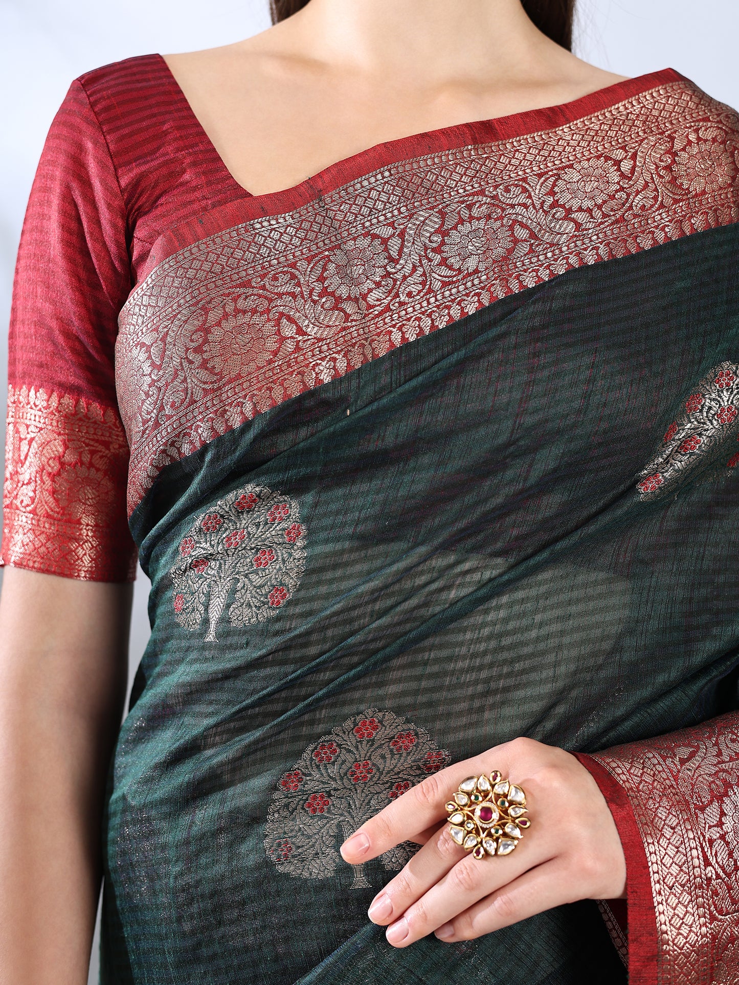 Bottle Green Banarasi Zari Woven Saree
