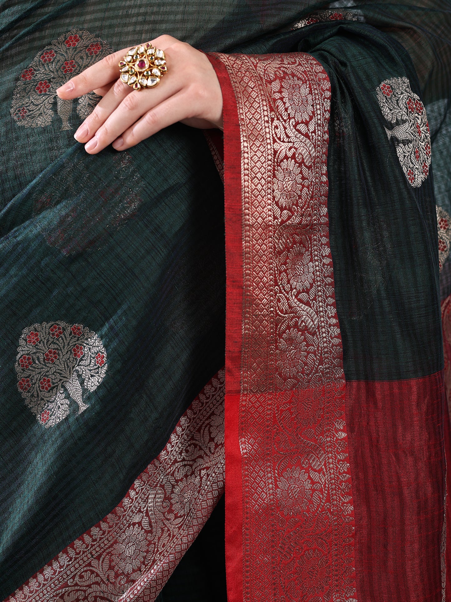 Bottle Green Banarasi Zari Woven Saree