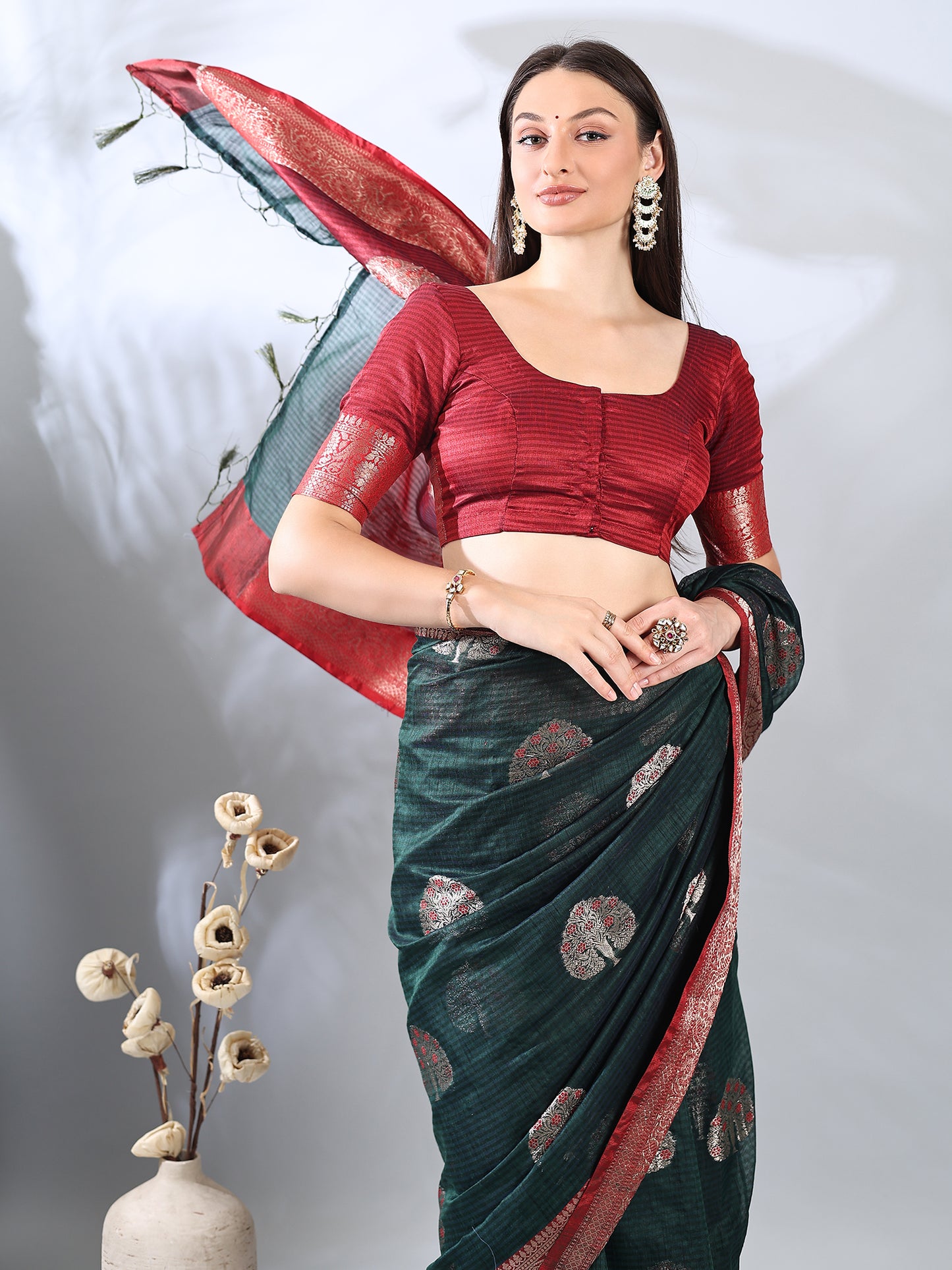 Bottle Green Banarasi Zari Woven Saree