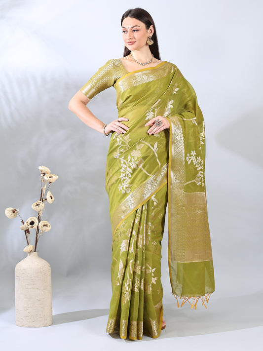Lime Green Banarasi Chanderi Silk Zari Saree