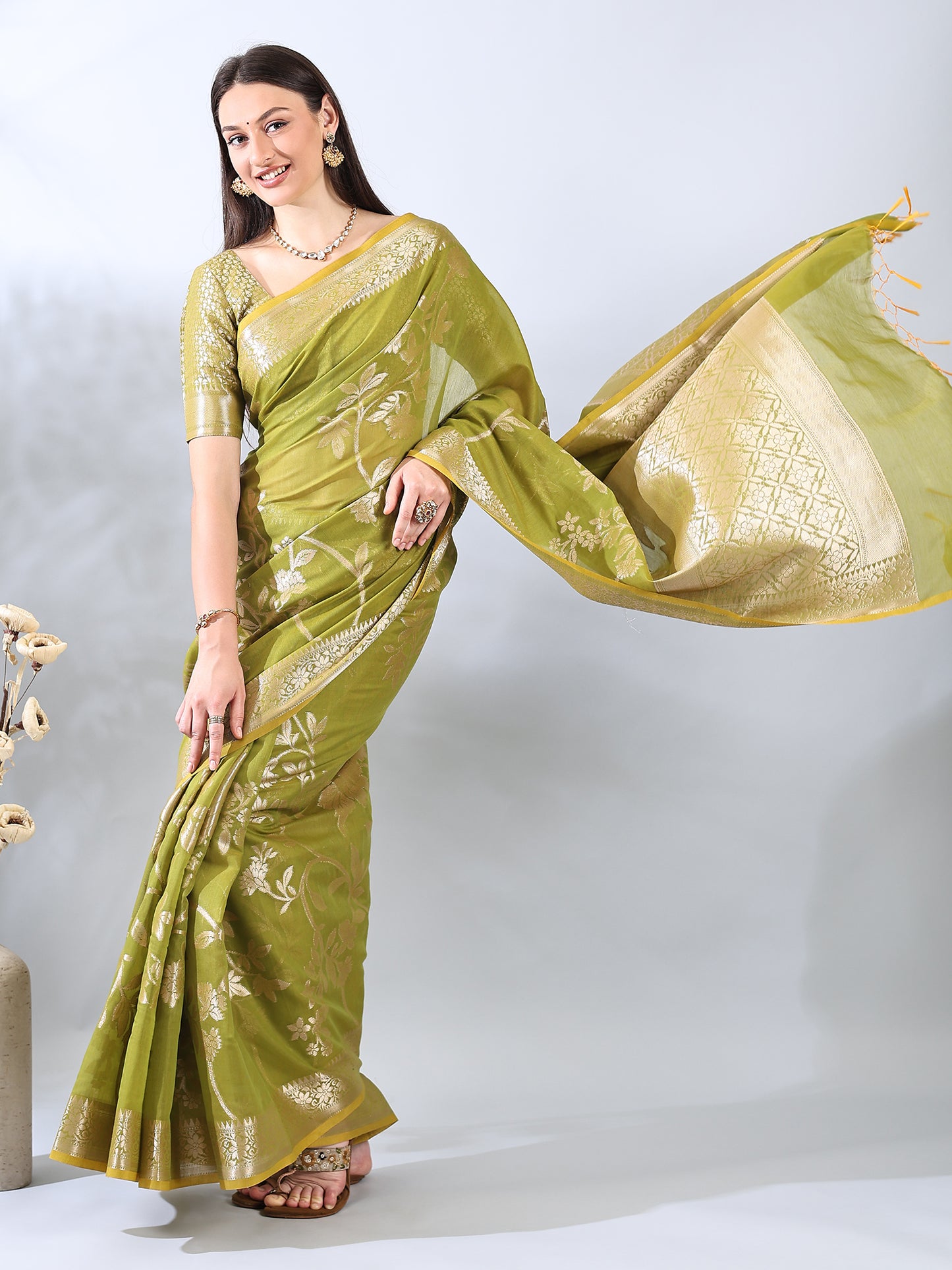 Lime Green Banarasi Chanderi Silk Zari Saree