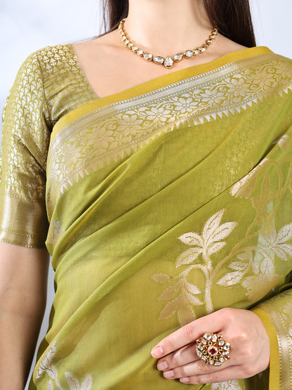 Lime Green Banarasi Chanderi Silk Zari Saree