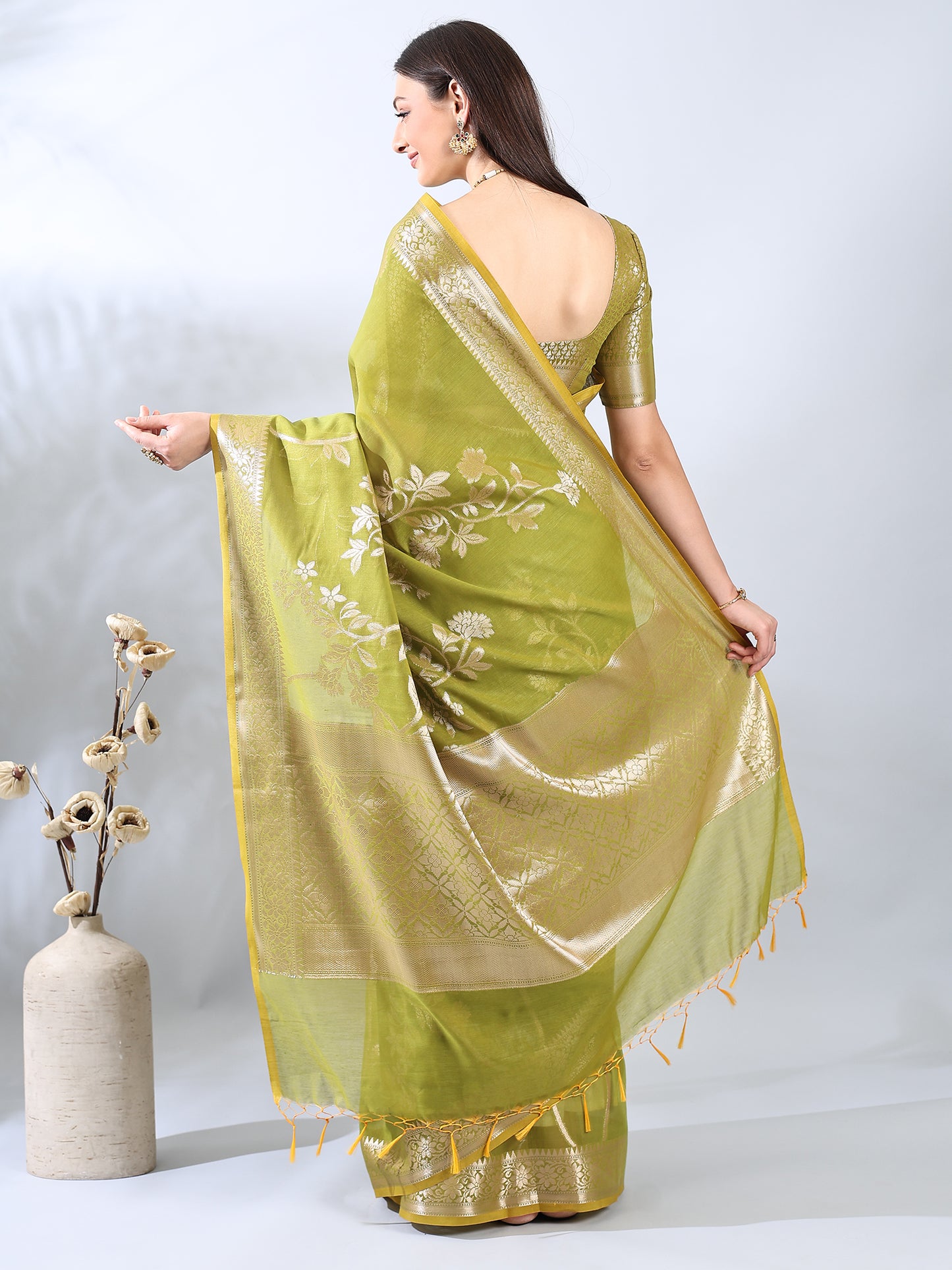 Lime Green Banarasi Chanderi Silk Zari Saree