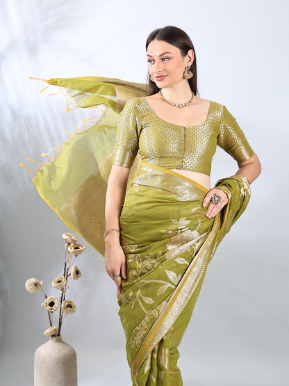 Lime Green Banarasi Chanderi Silk Zari Saree