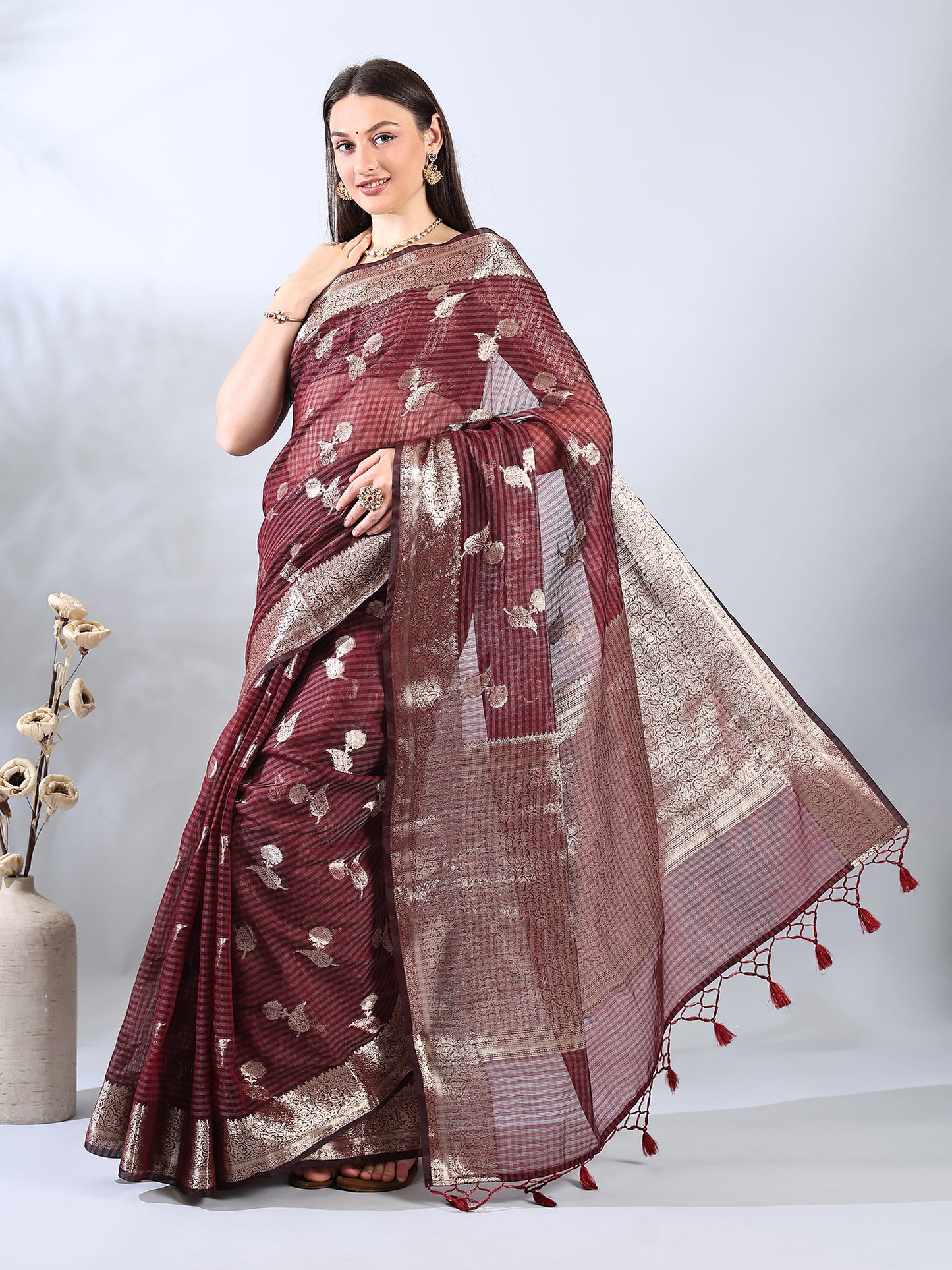 Maroon Banarasi Chanderi Zari Woven Saree