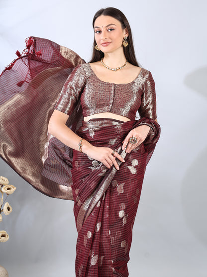 Maroon Banarasi Chanderi Zari Woven Saree