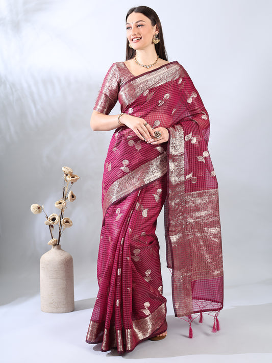 Deep Magenta Banarasi Chanderi Zari Woven Saree