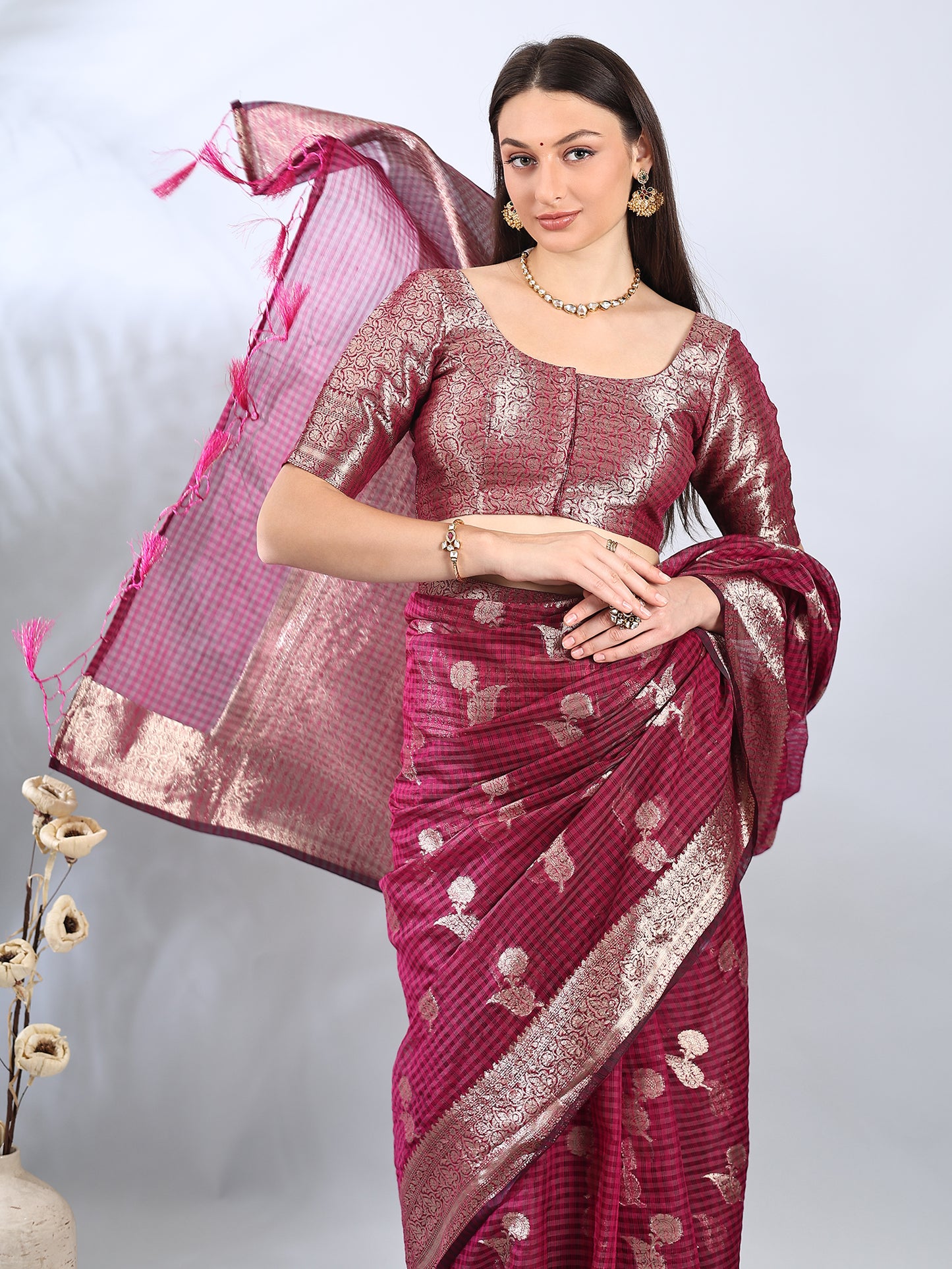 Deep Magenta Banarasi Chanderi Zari Woven Saree