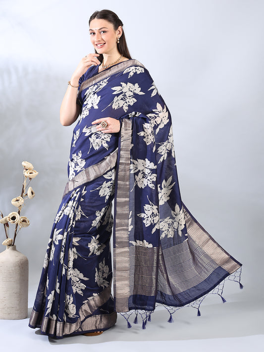 Blue Assam Silk Saree with Floral Print and Zari Woven Border