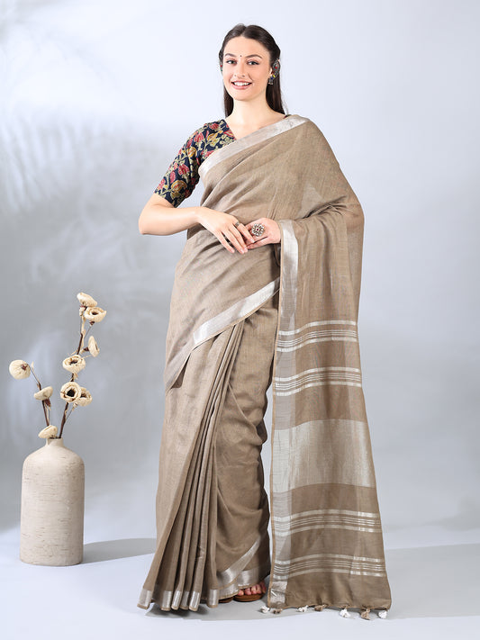 Light Brown Cotton Linen Saree with Silver Zari Border
