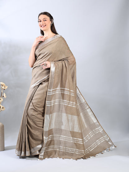 Light Brown Cotton Linen Zari Saree