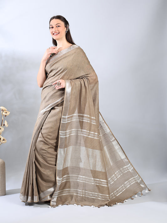 Light Brown Cotton Linen Saree with Silver Zari Border