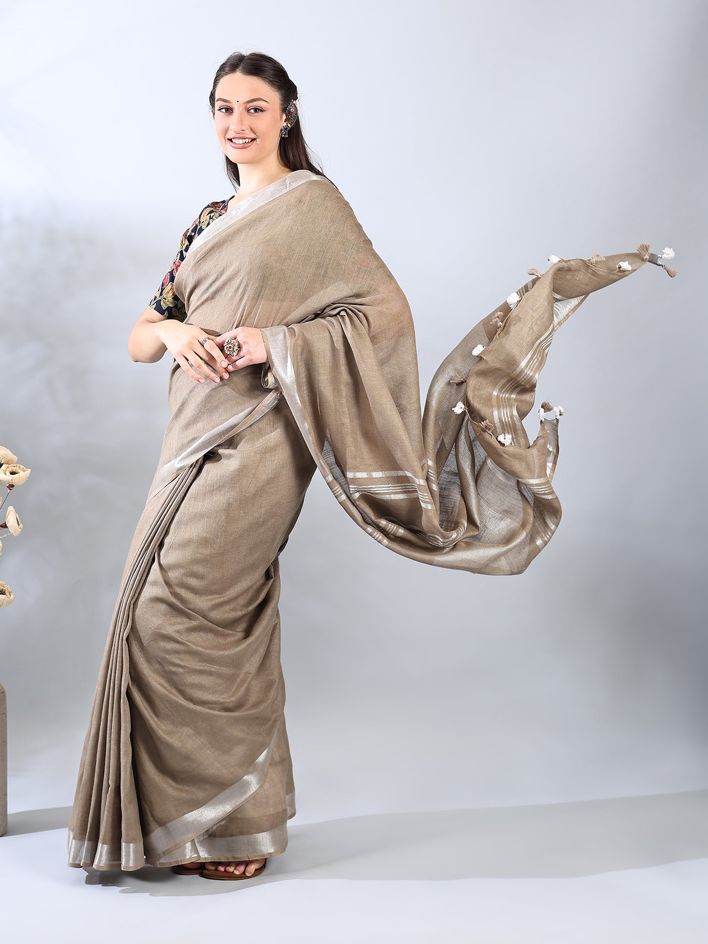 Light Brown Cotton Linen Saree with Silver Zari Border
